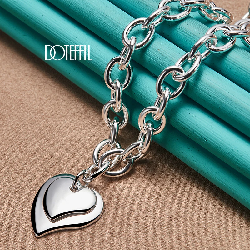 DOTEFFIL 925 Sterling Silver Double Heart Pendant 18 Inch Chain Necklace For Women Wedding Engagement Fashion Jewelry