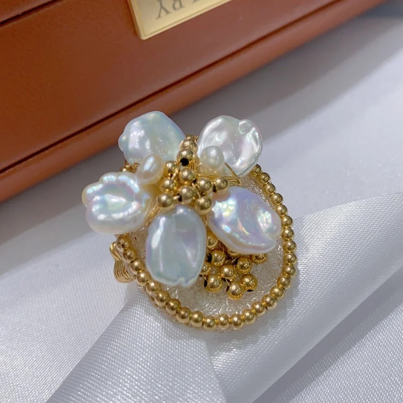 

SGARIT Golden Artfully Woven The Petals Rings Adjustable 14K Gold Filled Natural Pearl Jewelry Handmade Knuckle Ring for Women