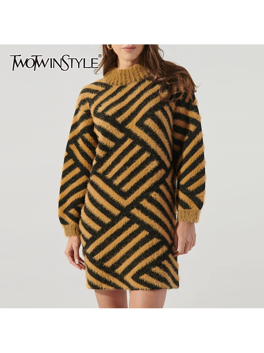 

TWOTWINSTYL Hit Color Spliced Striped Fashion Sweaters for Women Round Neck Long Sleeves Casual Long Sweater Female Clothing New