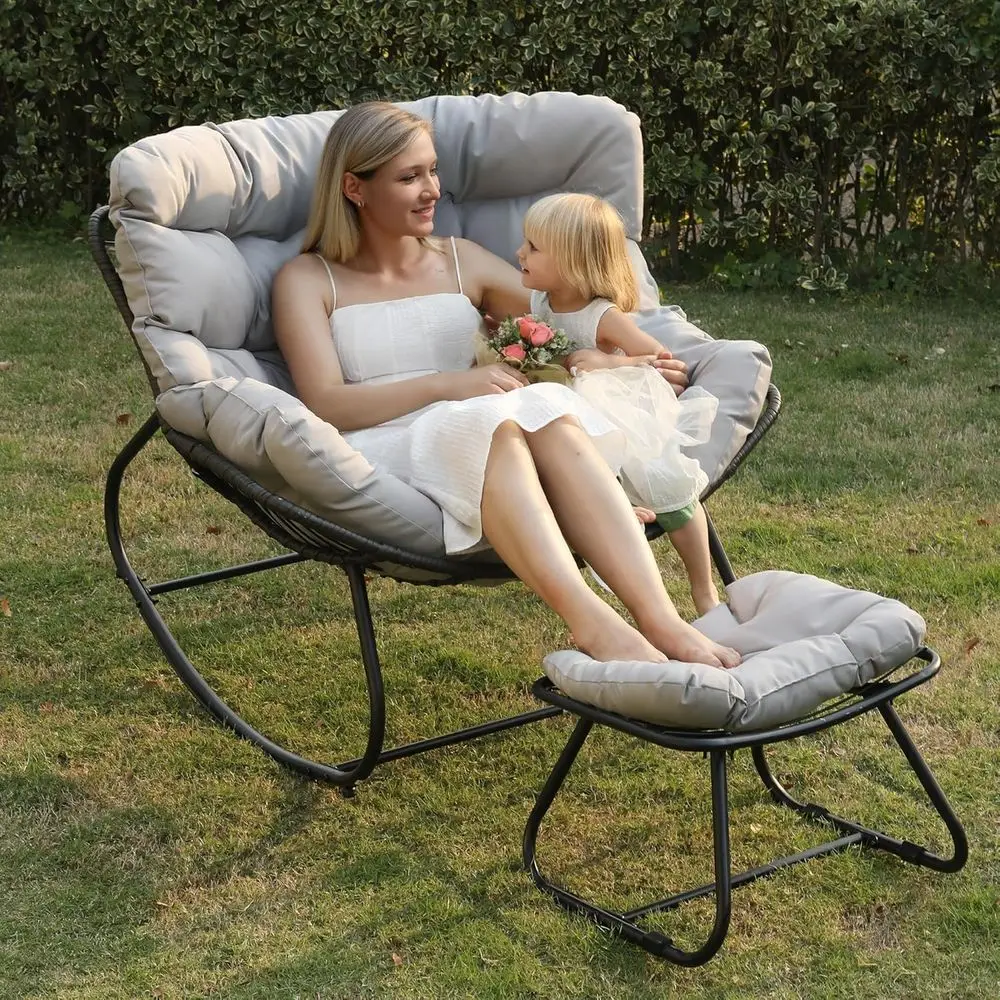 

Серое кресло-качалка для улицы и дома с подставкой для ног и подушками, металлическое кресло-папасан для веранды и сада