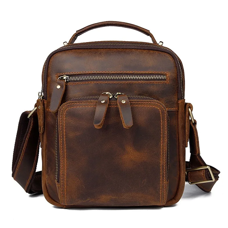 

New Men's Crossbody Bag Leather Satchel Crazy Horse Leather Shoulder Bag Commuter Leather Men Bag