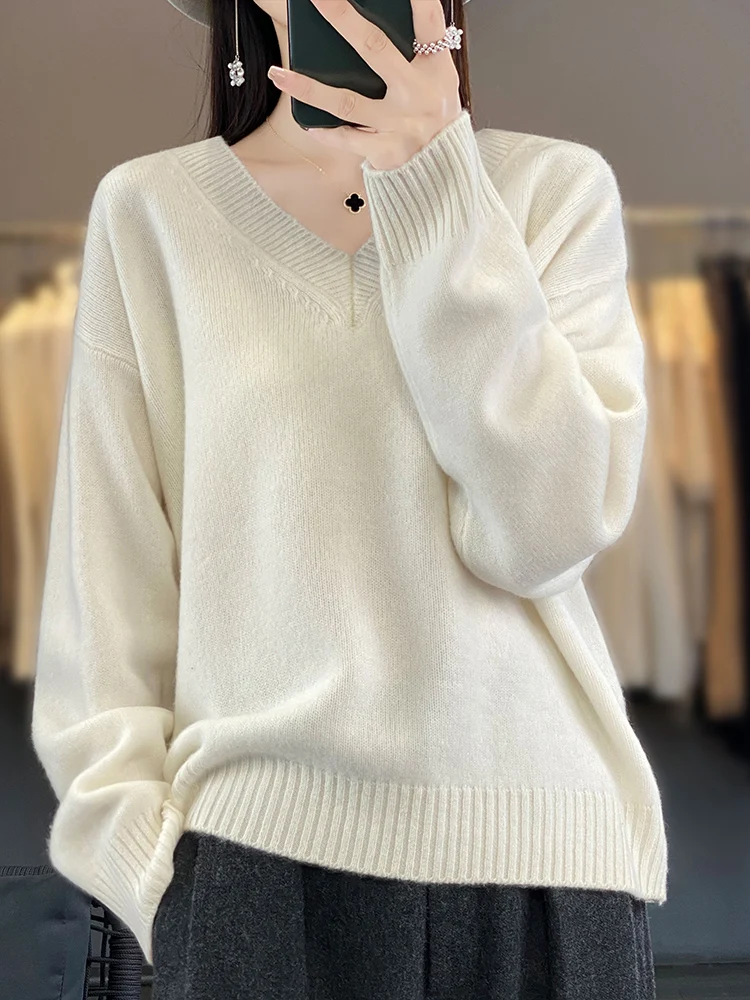 Suéter de lana merina de 100% para mujer, jersey de manga larga con cuello en V, prendas de punto holgadas de Cachemira, ropa popular coreana, moda Otoño Invierno