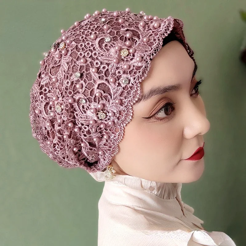 Beading Muslim Turban Caps Lace Headcover Islamic Wrap Head Turbante Summer Bonnets For Women Embroidery Flower Hijab Church Hat