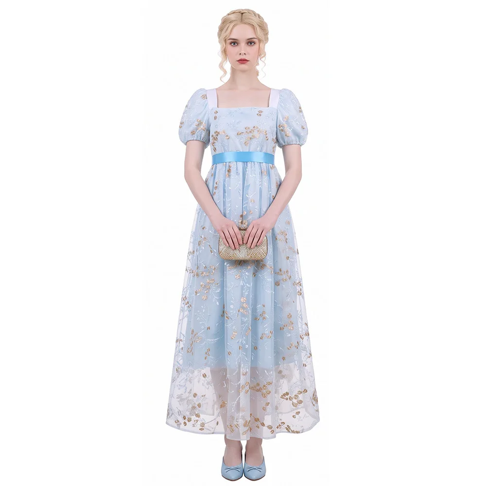 Robe de thé de style régence vintage européenne avec décolleté carré délicat, manches courtes bouffantes, robe de cosplay impériale longue à motif floral en relief
