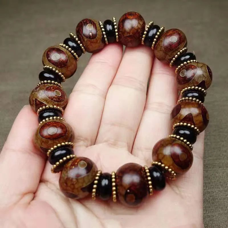 Natural Agate Abacus Beads with Three Eyes and Tibetan Silver Spacer Bracelets for Men and Women's National Wind Bracelets