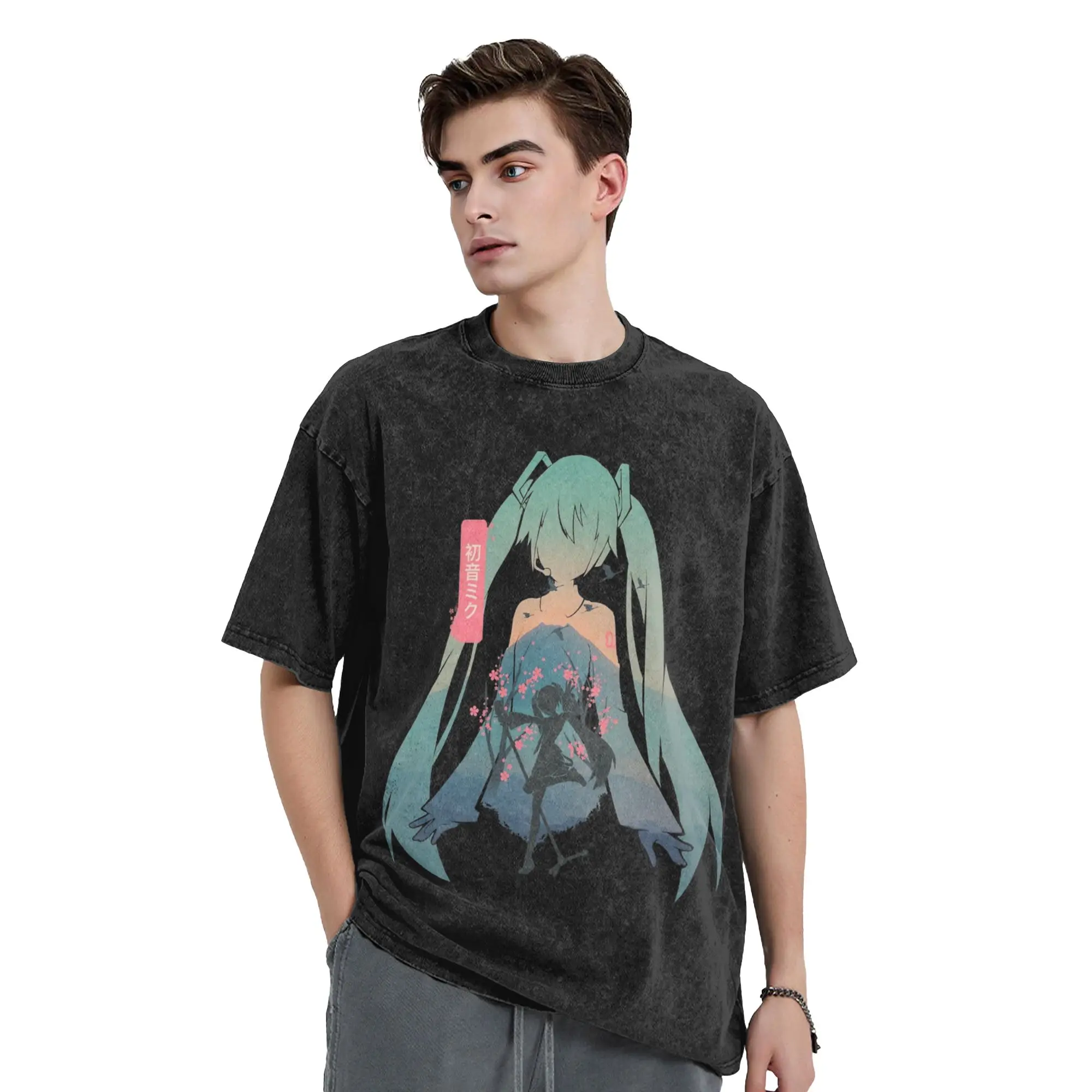 

Hatsune Miku Singer Anime Washed T Shirt Streetwear Hip Hop Vintage T-Shirt Tees Men Women Short Sleeve Oversize Graphic Printed