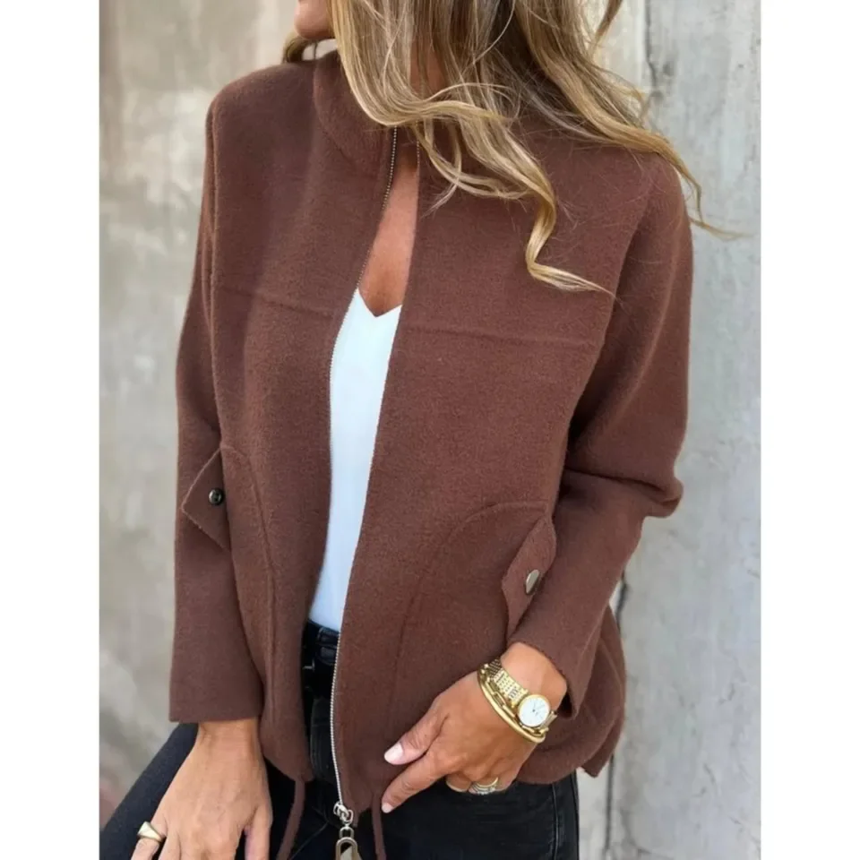 

New Casual Zipper Cardigan Wool For Women's 2025 New Fashion Stand Collar Tether Pocket Loose Versatile Female Wool Coat