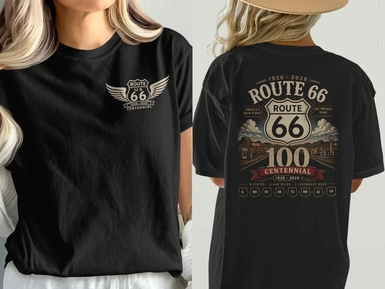 Route 66 Centennial Shirt America's Main Street 1926-2026 Road Trip Tee Short Sleeve T-shirts for Summer Unisex All-Season