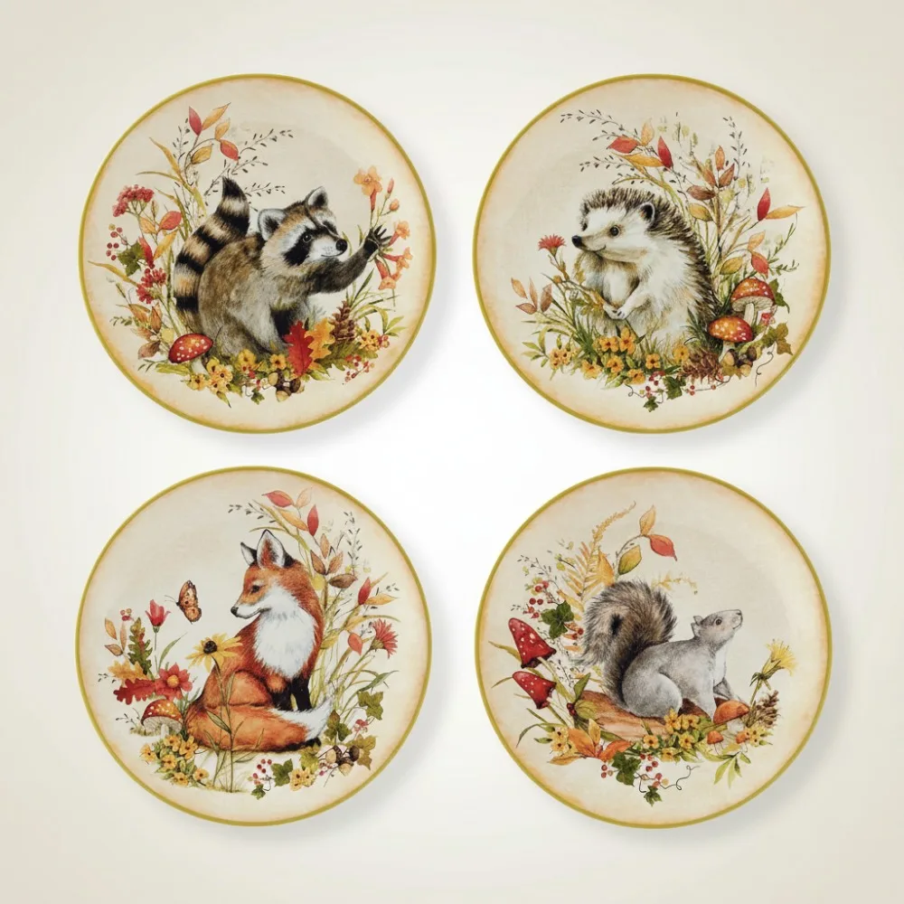 

Набор 9 дюймов керамических тарелок с животными из 4 предметов: лиса, енот, белка, еж, осенний лес, котеджкор, День благодарения