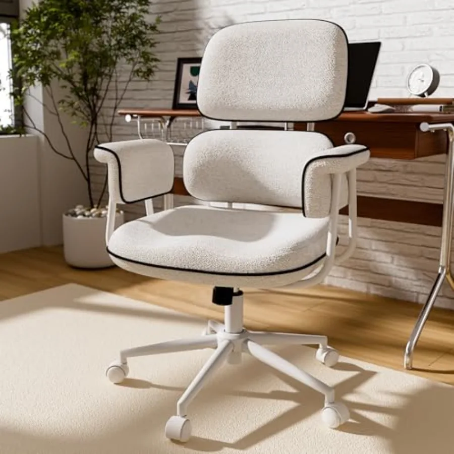 Office Chair with Memory Foam Seat for Home Office, Faux Leather in Beige, Ergonomic Mid-Century Modern Design with Lumbar Supp