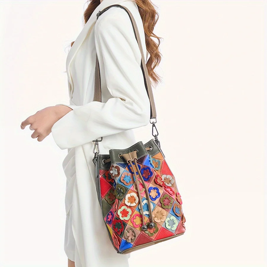 

Первый слой воловьей кожи, нишевая трендовая универсальная красочная сумка-ведро, женская сумка через плечо из натуральной кожи ручной работы с цветком