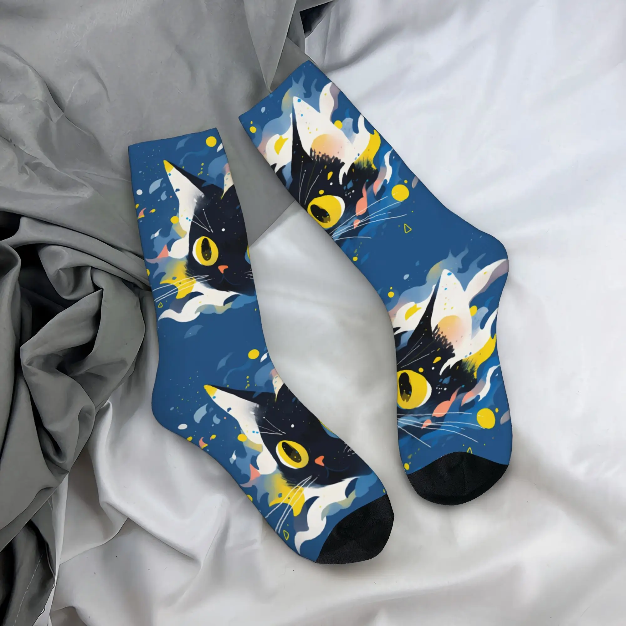 Vintage Rushing Galactic Cat in Blue Men's Socks  Unisex Harajuku Pattern Printed Crazy Crew Sock Gift