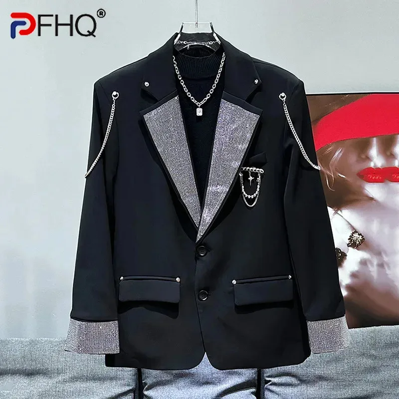 PFHQ Korean Versatile Trendy Suit Jacket Trendy Diamond Design Metal Chain Decoration 2024 Luxury Long Sleeve Male Tops 21Z5453