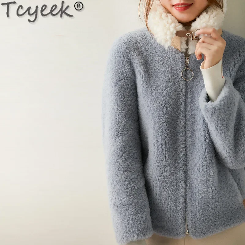 Tcyeek 100% casaco de lã roupas femininas grão ovelha shearling casacos gola de lã de cordeiro inverno jaqueta de pele feminina novo em outerwear 2024