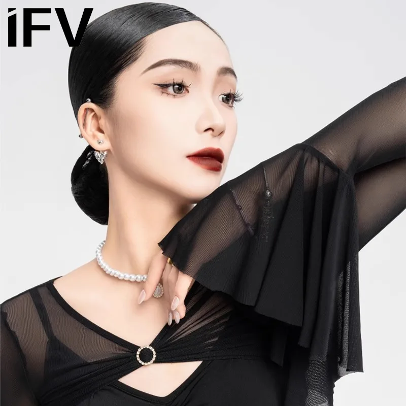 맞춤형 IFV 현대 볼룸 댄스 드레스 라틴 댄스 슬리브 캐미솔 탄성 메쉬 탑 성능 복장 여성 의류