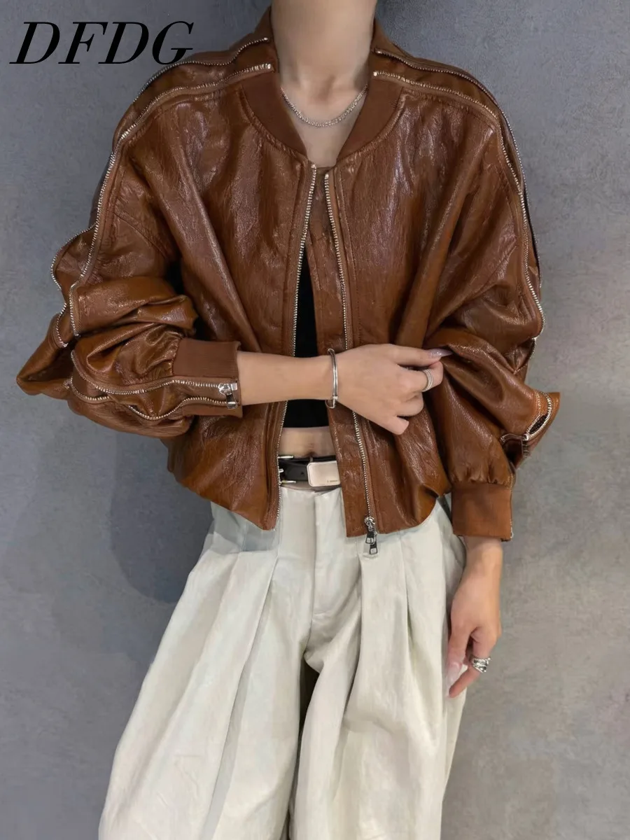 DFDG Women 2026 Autumn Baseball Collar Multi Zippers Cropped Faux Leather Jacket Loose Oversized Street Fashion Outerwear Coat