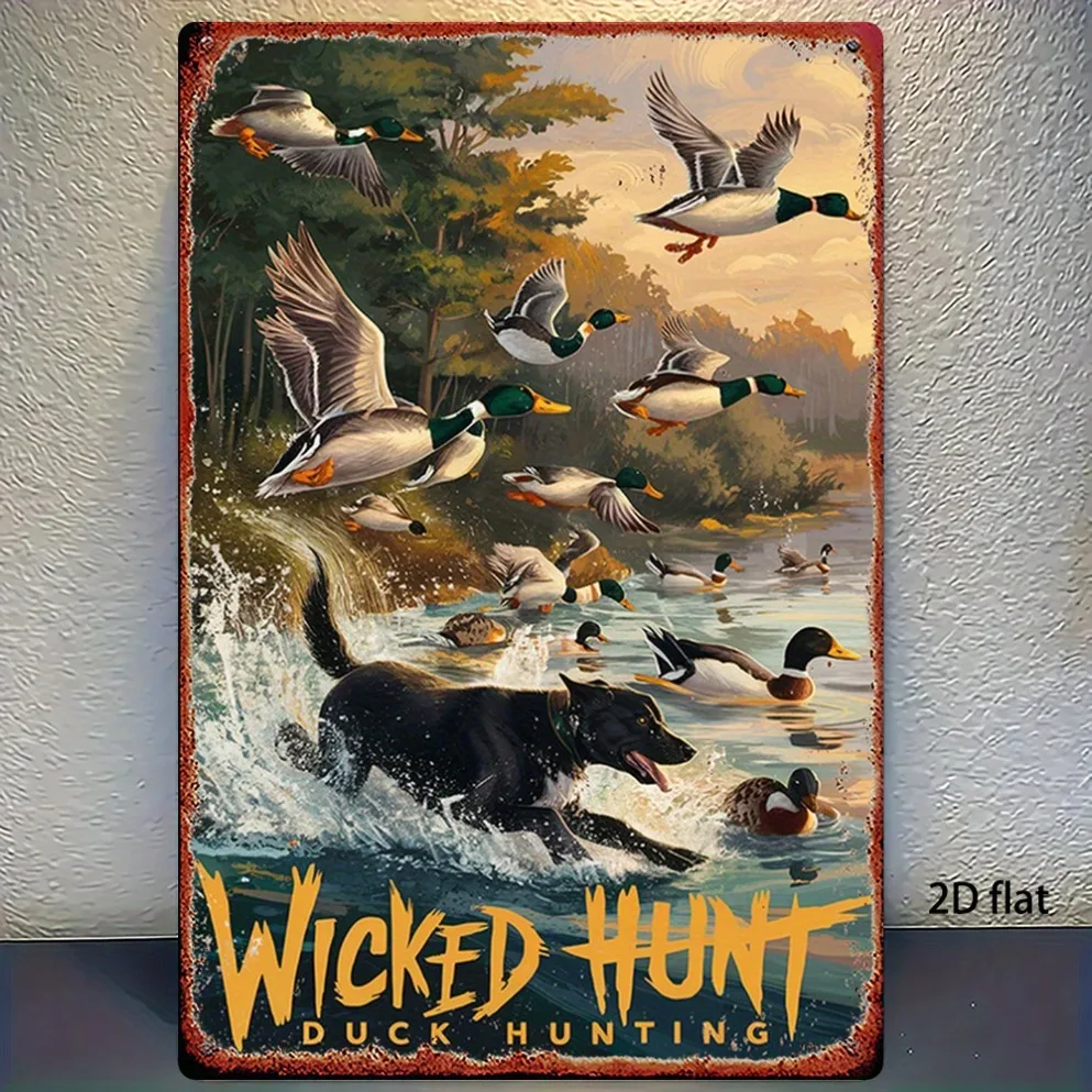 2D Flat Vintage Hunting Duck Metal Wall Art - Wild Duck & Dog Decor, Rustic Farmhouse Iron Sign, for hunting cabin/man cave
