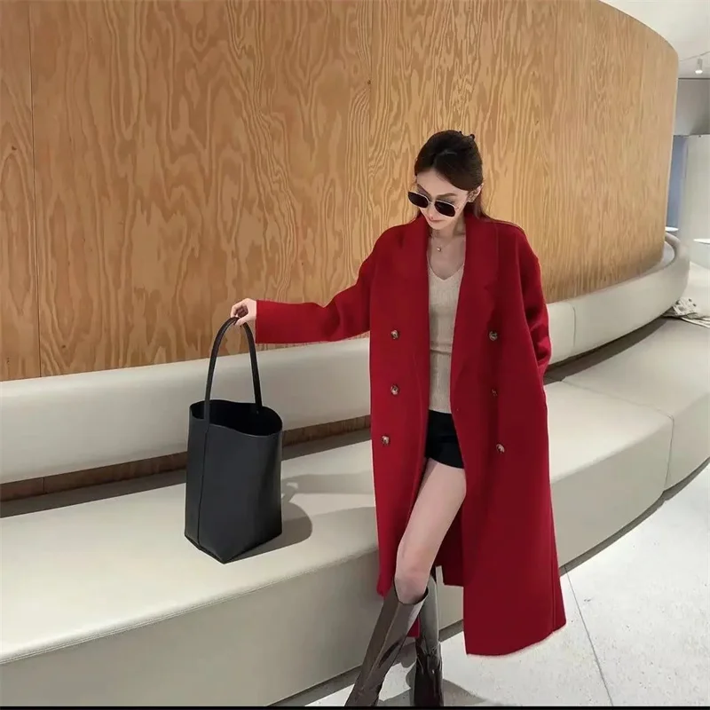 Women's Woolen Coat Medium Length Loose Thick Autumn Winter New Style Hepburn Style Elegant Small Size Jacket Outerwear