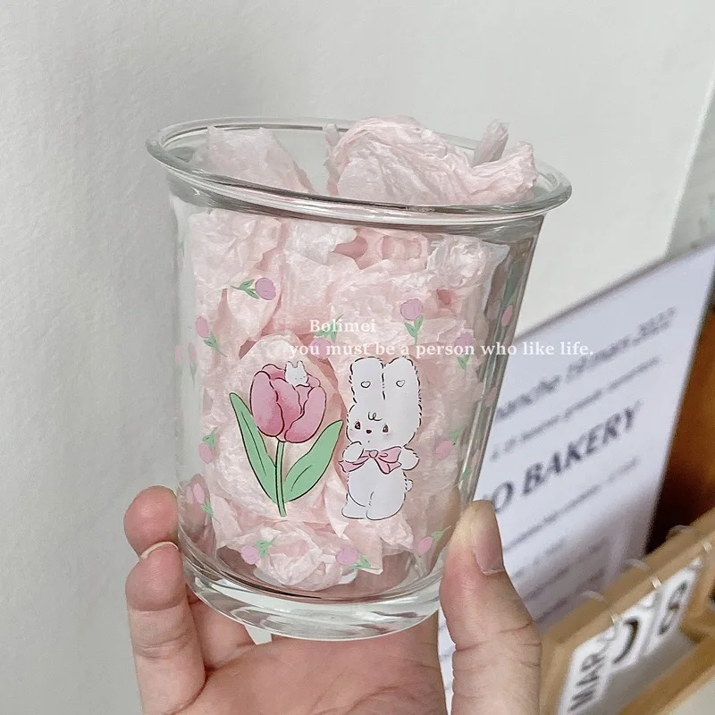 Nice and lovely glass ins style coffee drink Daily office breakfast Tulip flower cartoon design Children\'s drinking cup