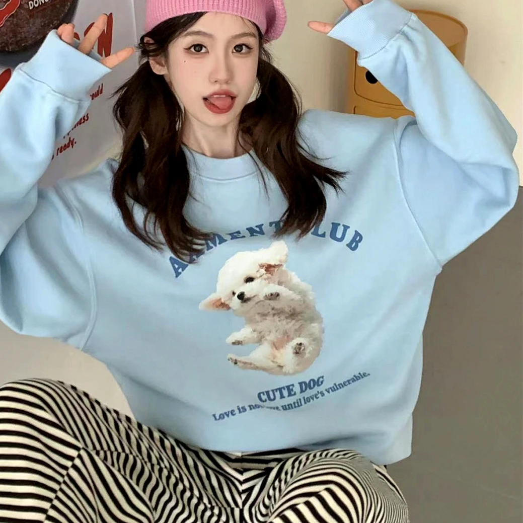 Sky Blue Pure Cotton Oversized Sweatshirt college girls Korean Cute Dog Cartoon Hoodie Casual Long Sleeve Winter Kawaii Clothes