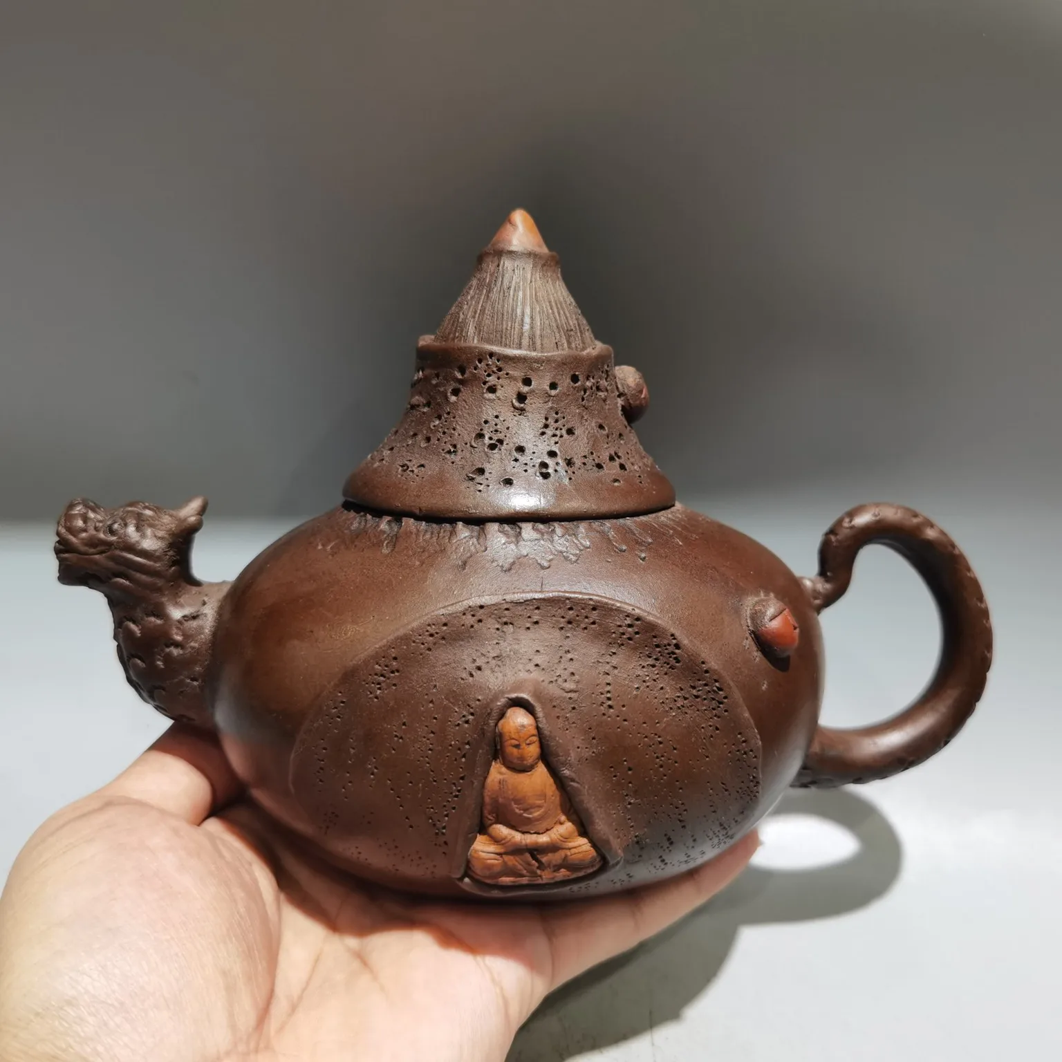 Tetera púrpura Yixing, tetera de arcilla púrpura, cubierta de brotes de bambú, estatua de Buda, tetera con boca de dragón