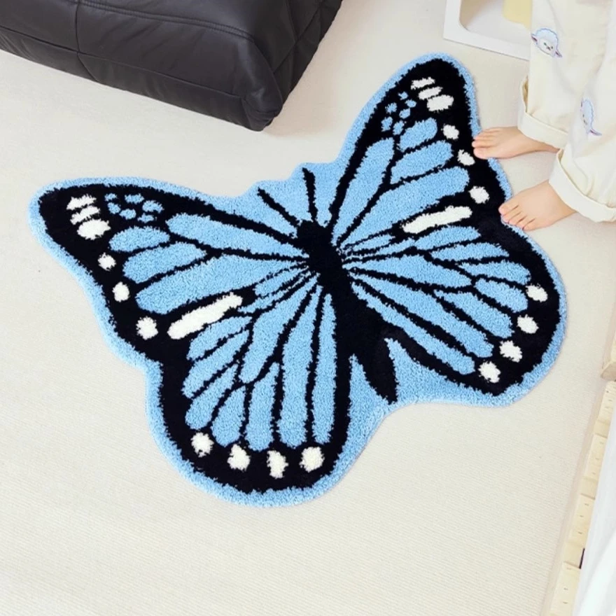 

INS Style Butterfly Shape Area Rug for Living Room Bedroom Bathroom Decoration 3D Butterfly Carpet Flocking Absorbent Floor Mat