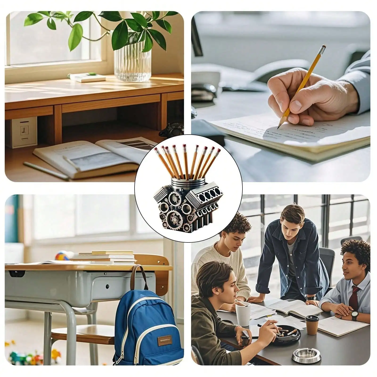 حامل أقلام نموذج المحرك V6/V8 مطبوع ثلاثي الأبعاد - منظم مكتب ملحقات السيارة للرجال (تخزين بطاقة العمل والقلم الرصاص)