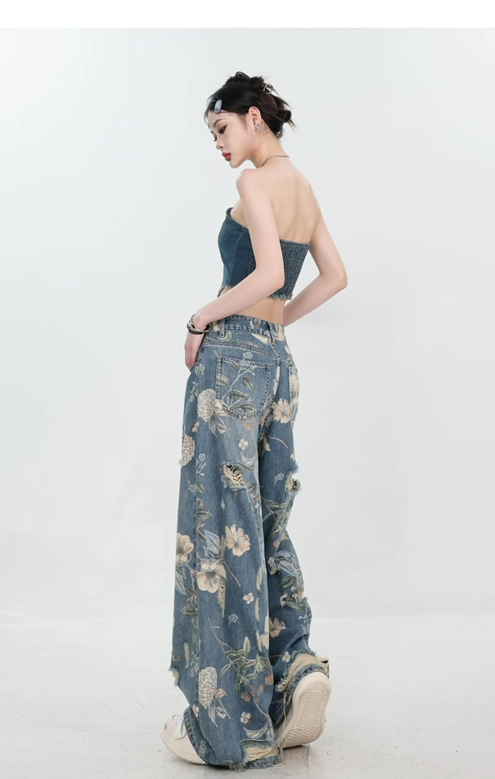 Jeans a gamba larga con fiori strappati da donna vintage estate nuovo stile vita alta elegante aderente Y2K stile Harajuku alla moda