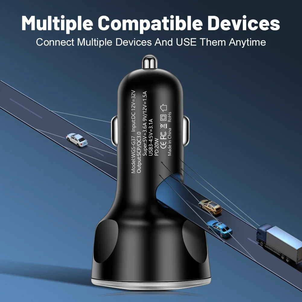 250W 5 Ports USB Car Charger Fast Charging PD Quick Charge 3.0 USB C Car Phone Charger Adapter For iPhone Huawei Xiaomi Samsung