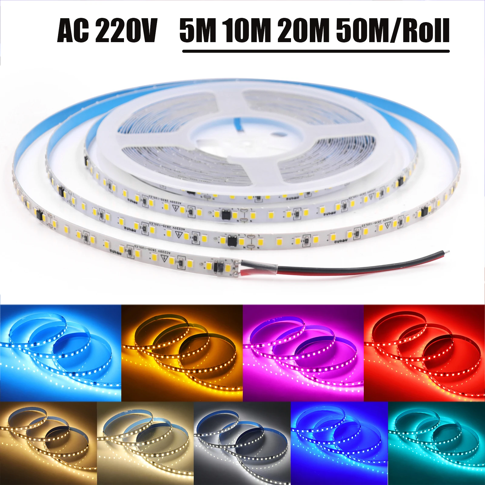 

AC 220V LED Strip 5M 10M 20M 50M/Roll White/Ice Blue/Green/Pink/Red 120Leds/M IP44 Home Decor Flexible Ribbon Rope Tape Light