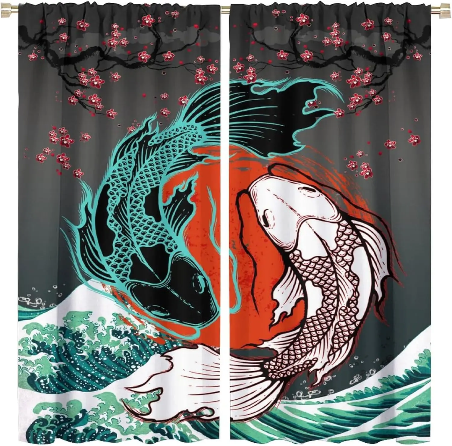 Japanese Yin Yang Koi Fish Rod Pocket Curtain Cherry Blossom Wave Red Sun Print Polyester Drapes Bedroom Living Room Window Home