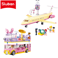 Sluban City Building Blocks Set Pink Dream Model Bricks Educational Toy with Rabbit Bus Car And Holiday Plane for Girls