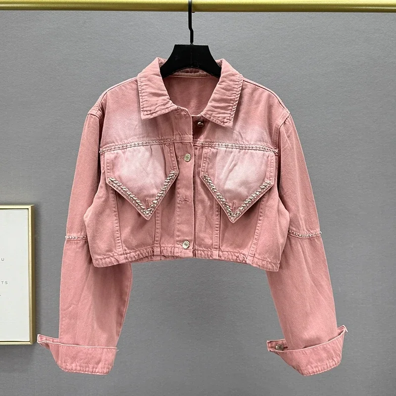 2025 frühling Herbst Frauen Neue Rosa Diamant Dünne Kurze Denim Jacke Revers Einreiher Langarm Jeans Jacke Streetwear