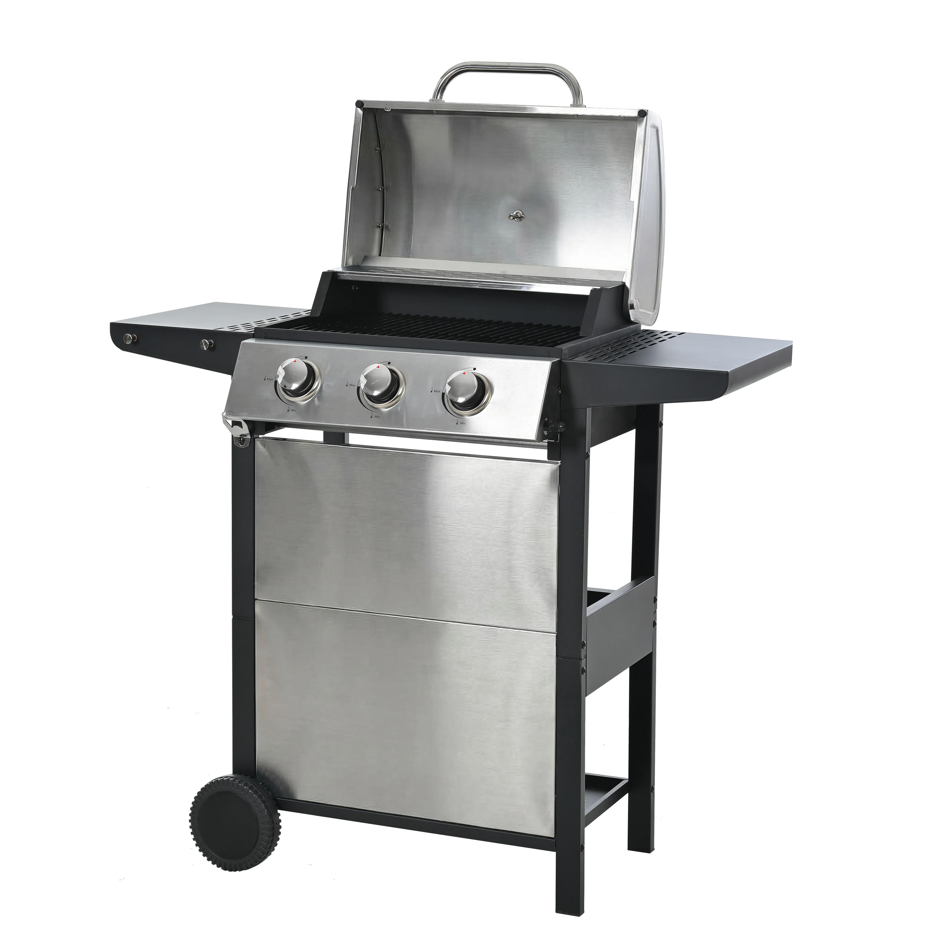 Outdoor 3 Burner Propane Gas Grill, Stainless Steel Freestanding BBQ Barbecue Grill with Side Shelves, Wheels & Storage Cabinet for Backyard Garden Camping