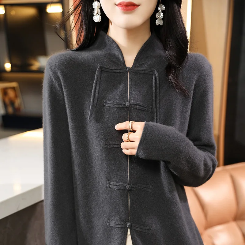 Women\'s Sweater Spring Autumn New 100% Wool Clothing Top Standing Collar Knitted Cardigan Fashion Chinese Style Coat Long Sleeve