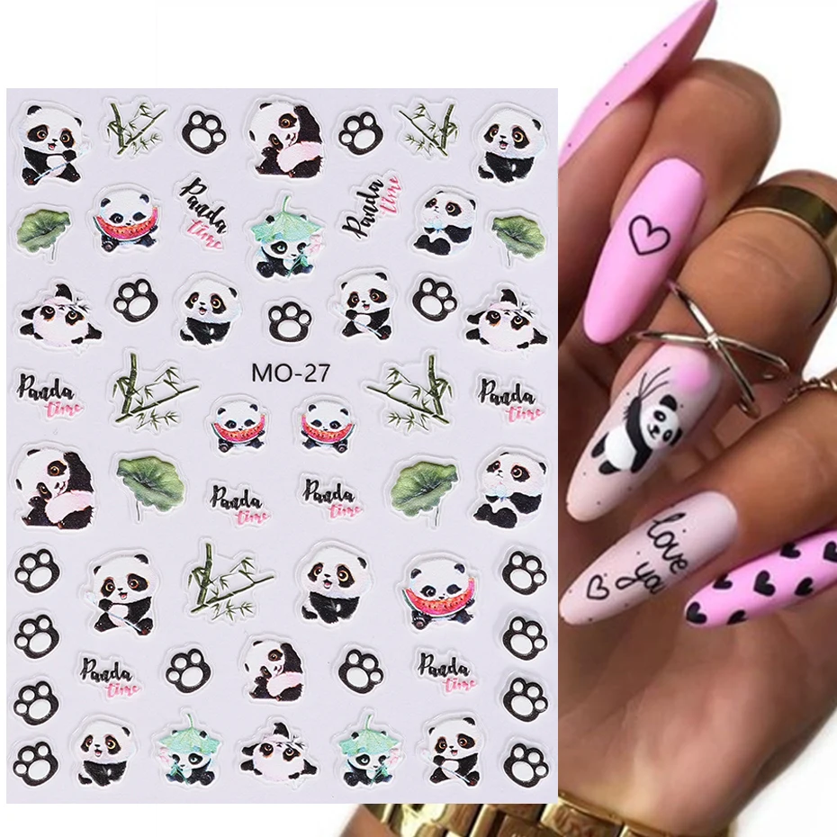 Cartoon Panda 5D Embossed Nail Stickers Tulip Daisy Bamboo Flower Moon Cute Summer Kawaii Manicure Tips Engraved Nail Decoration