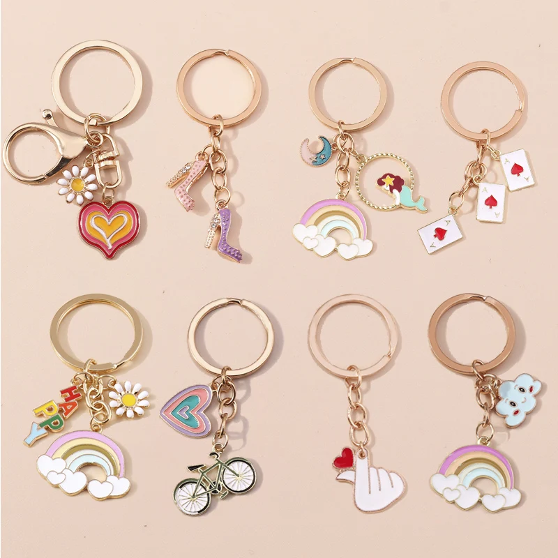 Amolette-Porte-clés arc-en-ciel en émail pour femmes et filles, porte-clés coeur d'amour, porte-clés de voiture, décor de sac à main, cadeaux de bijoux