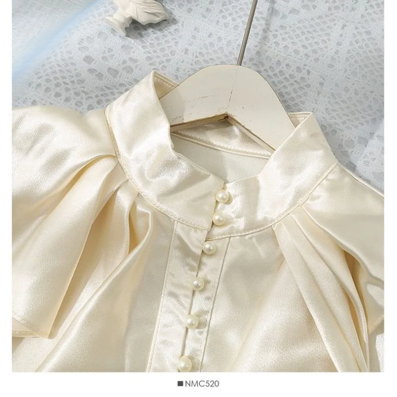 Women's Autumn Spring Shirt Ruffles Flared Sleeves Lolita Blouse Stand-up Collar Single-breasted Pearls Solid Luxury Womens Tops