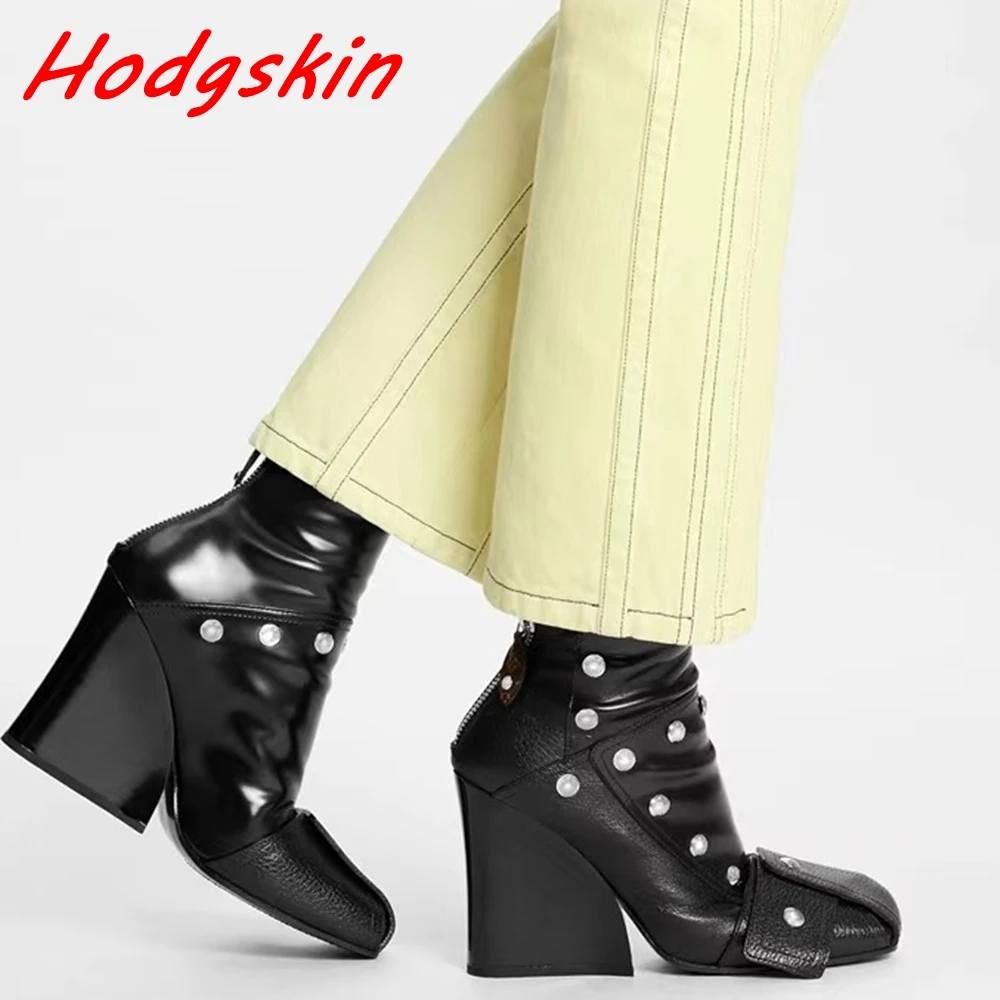 Novelty Button Toe Women Boots Mixed Colors Zipper High Wedges 2024 Newest Runway Show Fashion Leather Ankle Boots