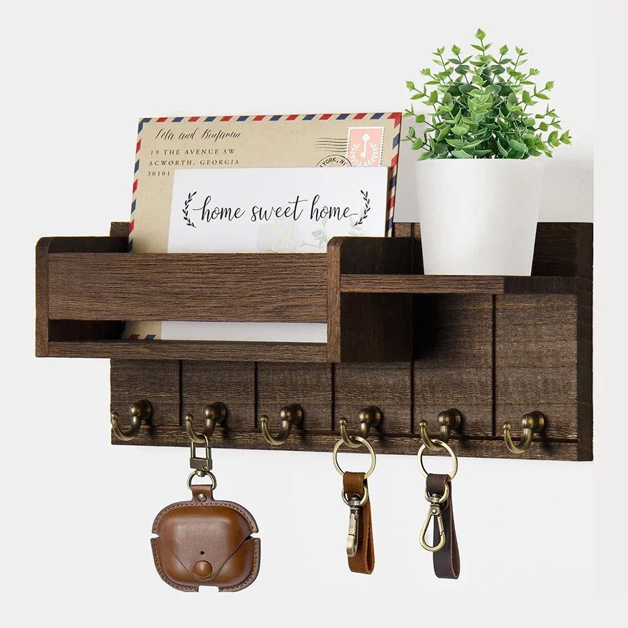 Rustic Wood Key Holder Wall Mounted With Shelf & 6 Key Hooks, Decorative Key Rack Mail Organizer For Entryway Living Room