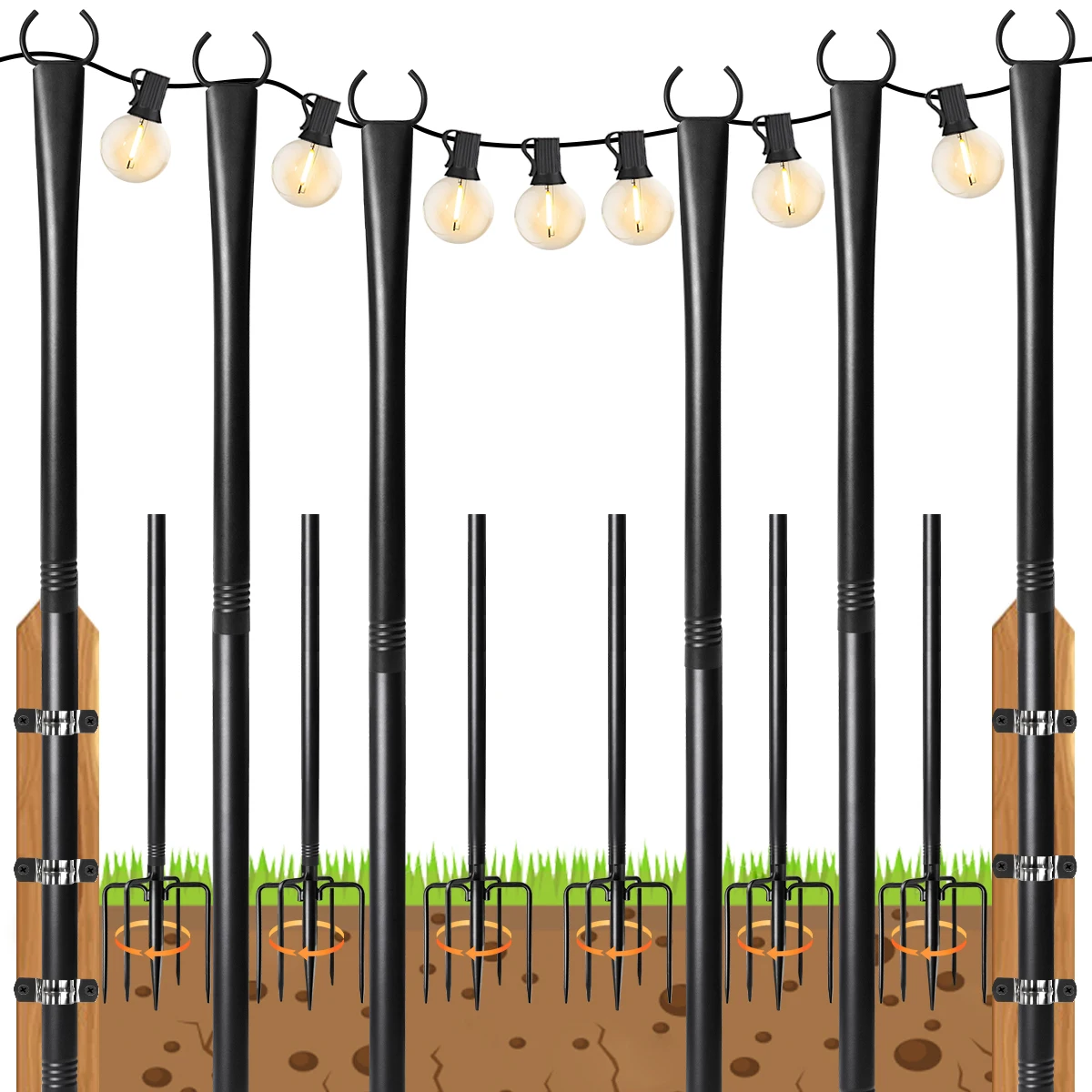 

6PCS or 4PCS String Light Poles with Fixing Clips for Outside, Metal Light Stand with Fence Brackets for Hanging Lights / Garden