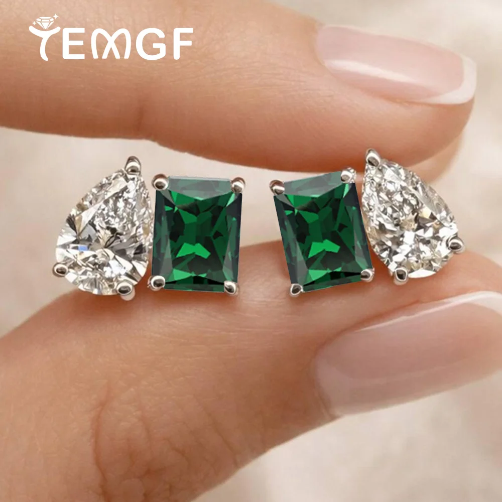 

TEMGF Pear & Radiant Cut Green Zircon Stud Earrings for Women Men 100% 925 Sterling Silver Top quality Daily Party Jewelry Gifts