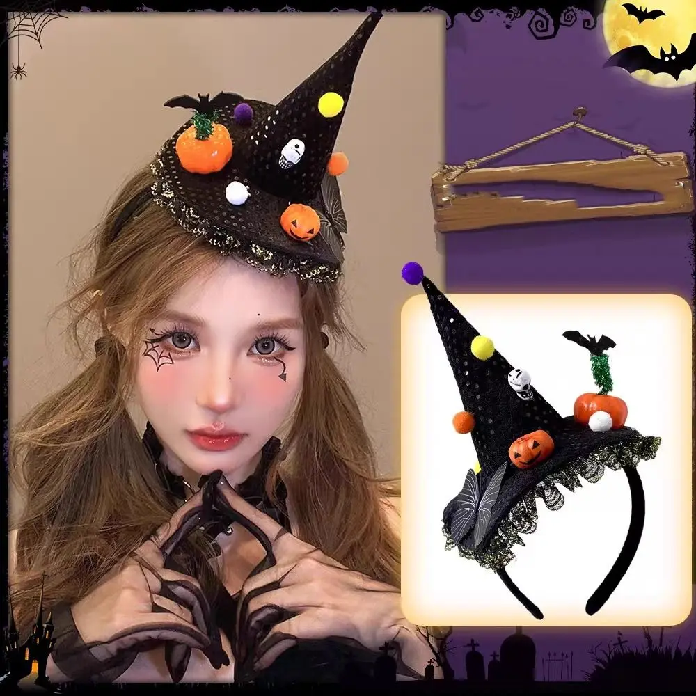 Spider Halloween Witch Hat Headband Ghost Pumpkin Halloween Party Hair Band Cartoon Mesh Cone Hat Hair Hoop Dressing Up Props