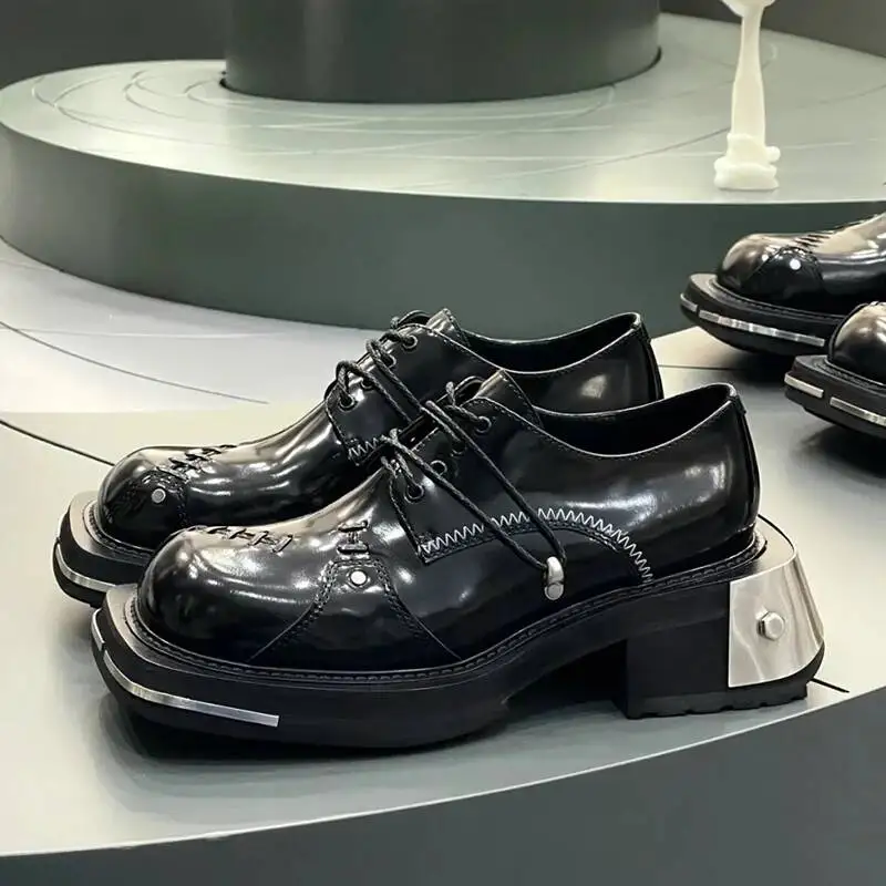 Retro Women Men Metal Genuine Leather Women Sneaker Luxury Trainers Casual Lace-up Zip Flat Couple Black Shoes view 2