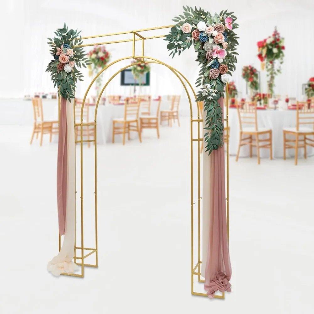 

7.9Ft Gold Metal Geometric Wedding Arch Flowers Frame Backdrop Stand, Balloon Garden Arbor Outdoor Garden Trellis