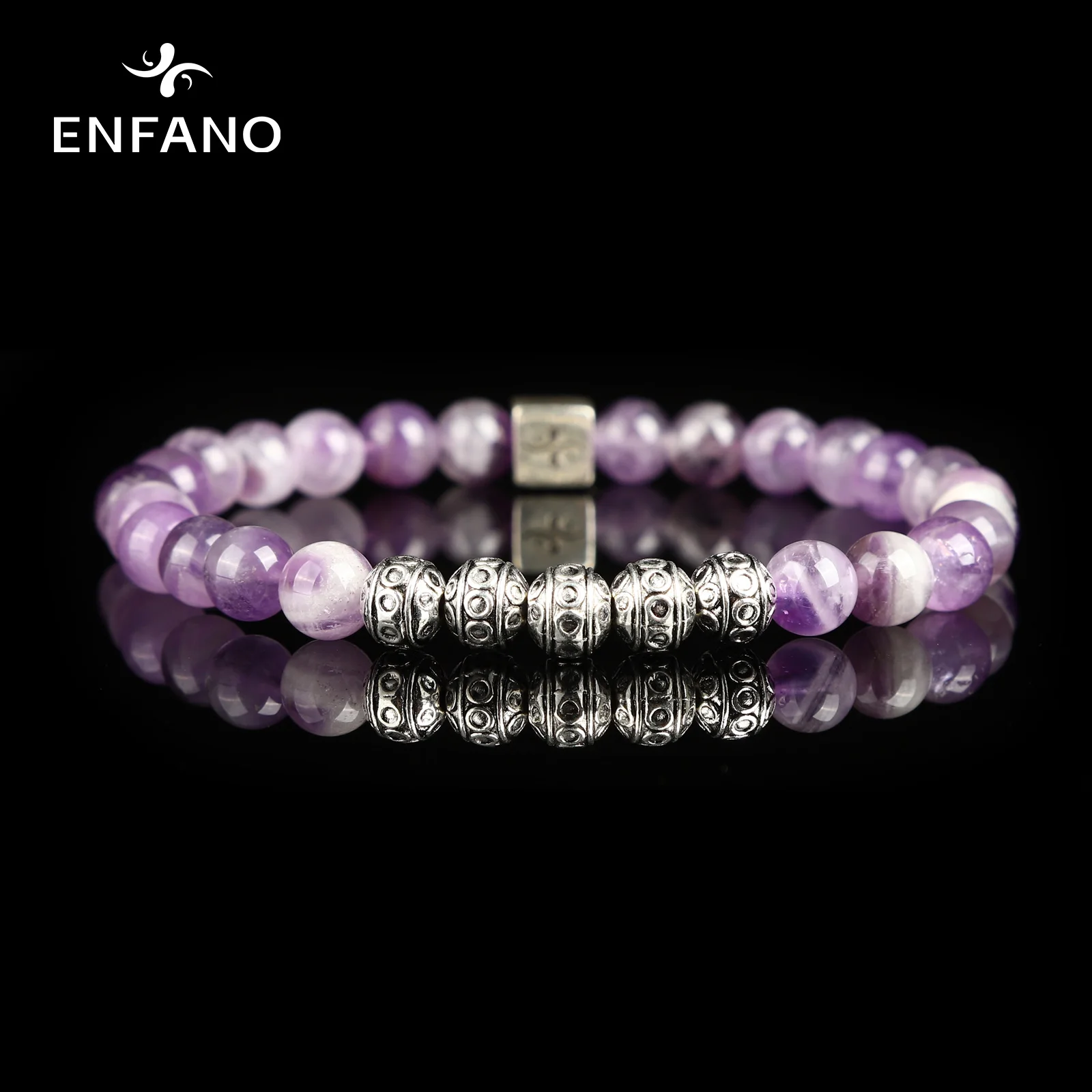 

ENFANO Amethyst Bracelet 8mm Round Bead Bracelet Round Fashion Men's Size Name Text Personalized Custom Gift