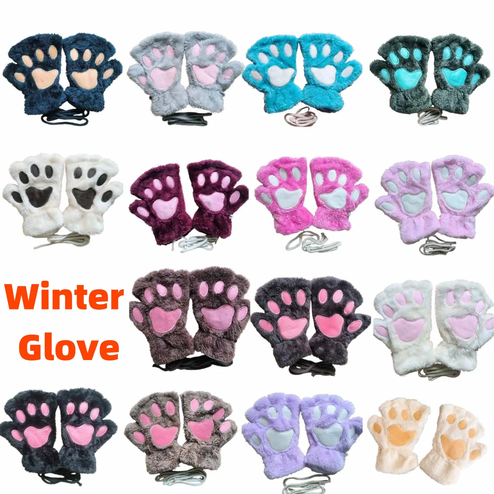 Kawaii Women Cat Gloves Fashion Girls Cat Claw Paw Plush Mittens Warm Soft Plush Short Fingerless Half Finger Winter Thick Glove