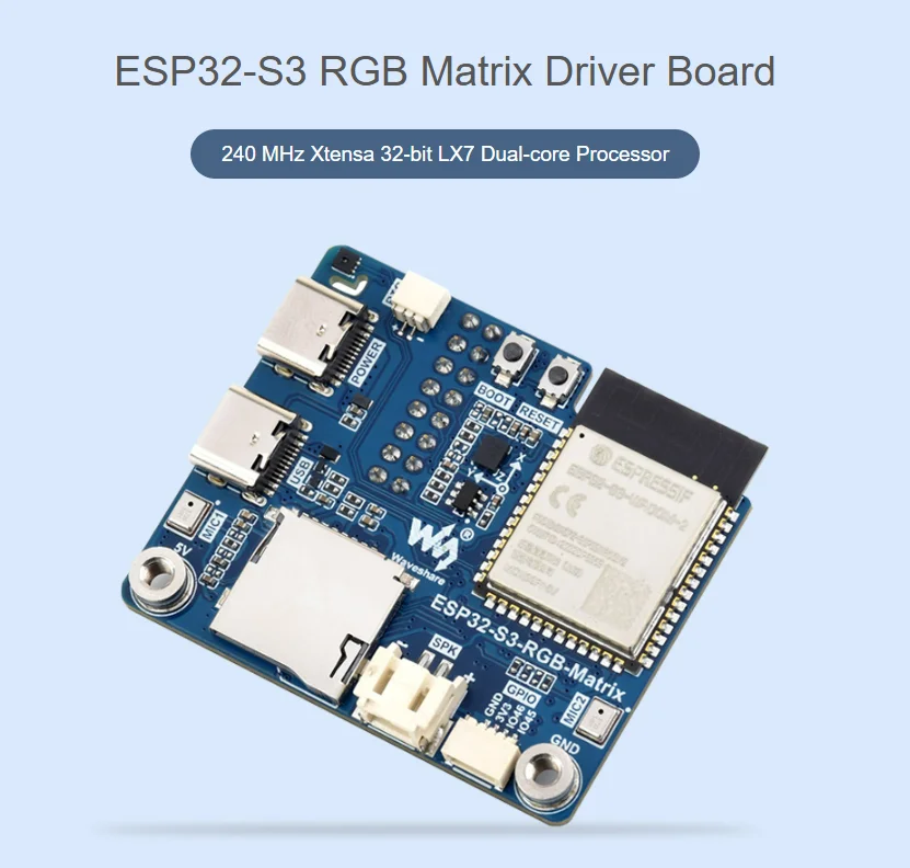 ESP32-S3 RGB Matrix Driver Board, Onboard Dual Microphones Array,  2.4 GHz Wi-Fi and  5 (BLE),  AI Voice Interaction