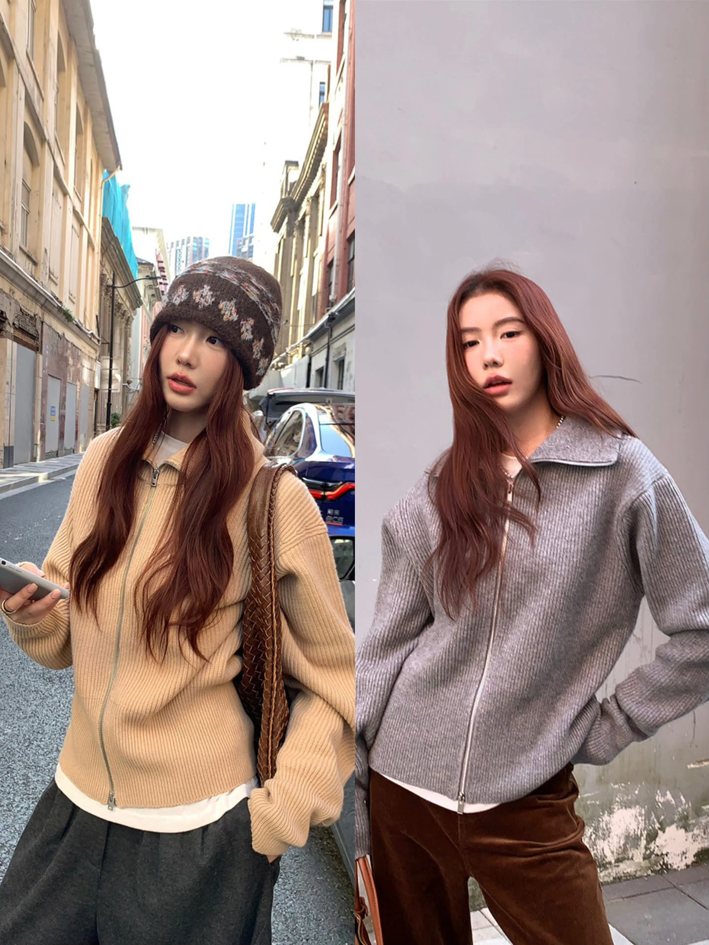 

Вязаный кардиган из чистой шерсти с двойной молнией и большим воротником или теплый свитер для женщин от Xiaoxiao La