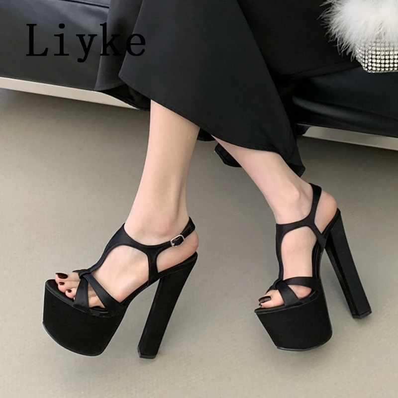 

Liyke Sexy Silk Thick Bottom Peep Toe Extreme High Heels Party Stripper Pole Dance Shoes Women Chunky Platform Sandals Size 40